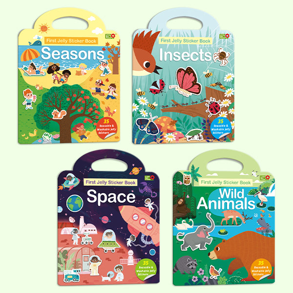 4-Pack Washable Jelly Sticker Books for Toddlers 2-5, Reusable Window Clings Activity Set, Screen-Free Sensory Travel Toys (Seasons, Space, Insects, Wild Animals)