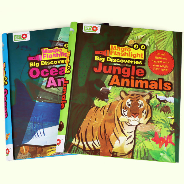 Magic Discovery Flashlight Toy Book Set – Jungle & Ocean Animals | Interactive Shine-a-Light Activity Books for Toddlers | Kids Explore Hidden Creatures with Paper Flashlight | Preschool Learning Gift for Boys & Girls Ages 3-6