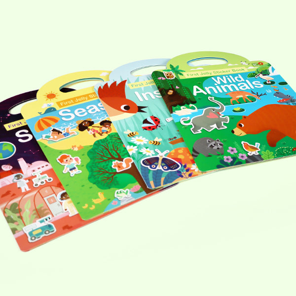 4-Pack Washable Jelly Sticker Books for Toddlers 2-5, Reusable Window Clings Activity Set, Screen-Free Sensory Travel Toys (Seasons, Space, Insects, Wild Animals)